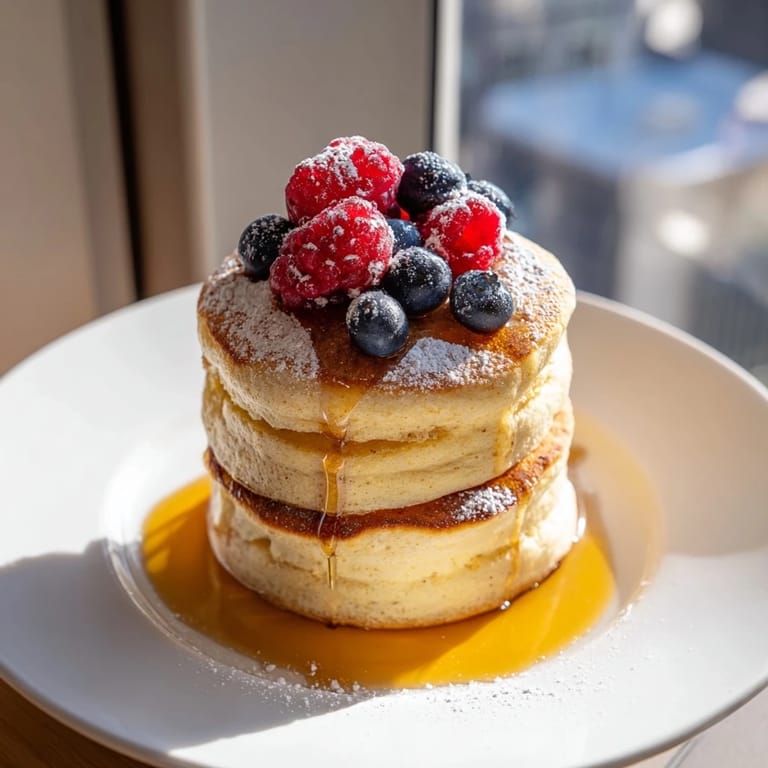 Tall, pillowy Egg White Gingerbread Matcha Soufflé Pancakes, a fusion of flavors, dusted with powdered sugar, ready to eat.
