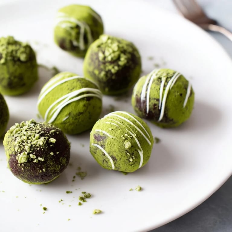 Beautifully arranged plate of perfectly round Matcha Dark Chocolate Peppermint Truffles: a tempting dessert.