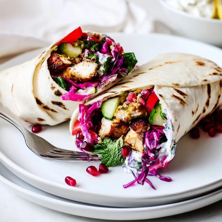 Warm flatbread filled with flavorful Greek Yogurt Chicken Shawarma Christmas Wrap, ready to eat.