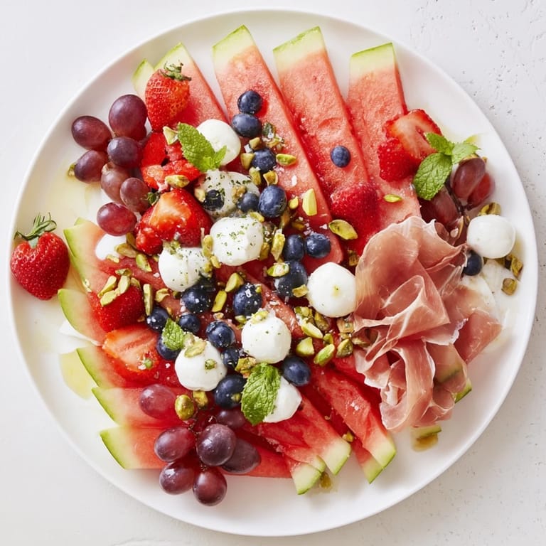 A mouthwatering display of Watermelon Slice Charcuterie with vibrant fruits, cheeses, drizzled honey, and fresh mint.