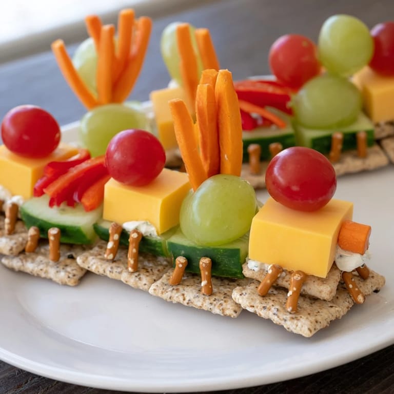 Brightly arranged Choo Choo Train Snack Track with crackers, cheese, and vibrant fruit for kids' parties.