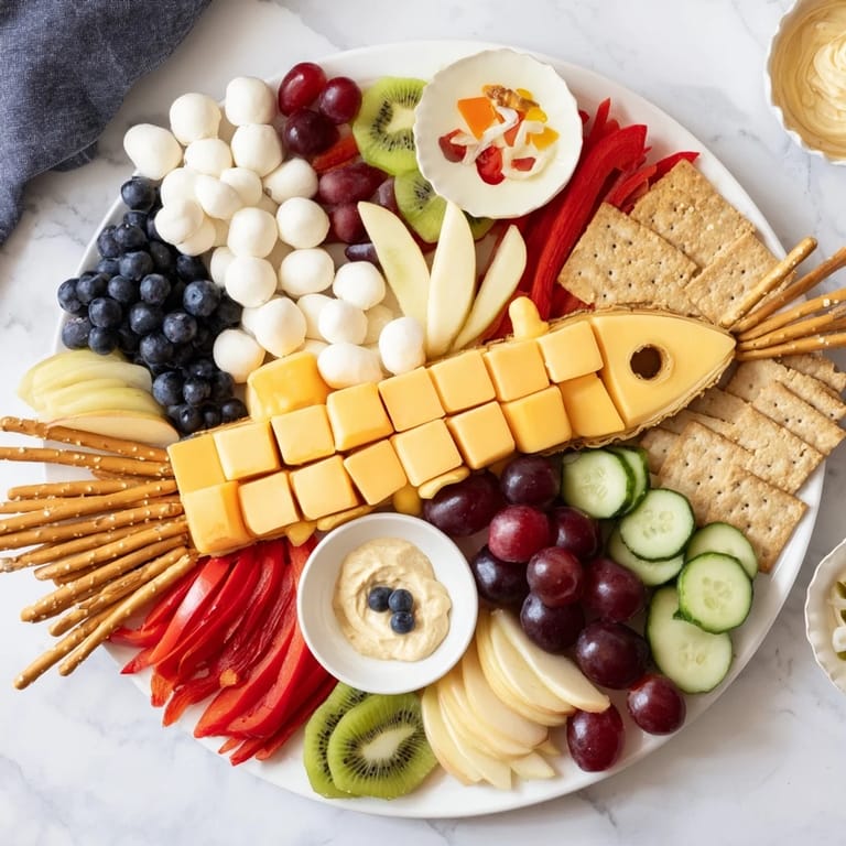 Visualize the exciting Spaceship Launch Snack Board, packed with grapes, cheese cubes, and fun dippings for a crowd.