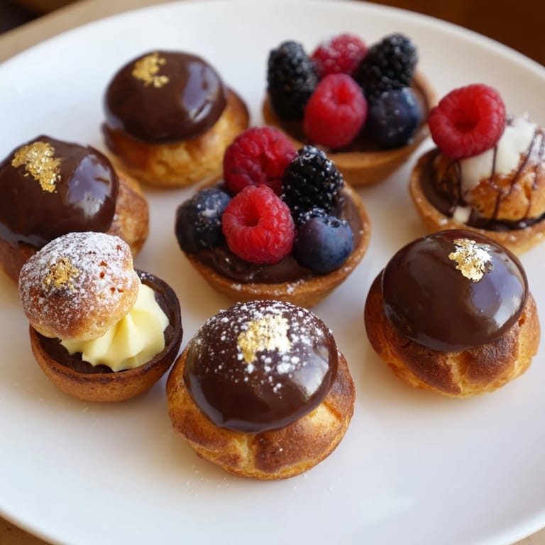 Imagine a close-up: assorted Piste de Train Mignardises, showcasing delicate fruit tartlets and chocolate-covered choux.