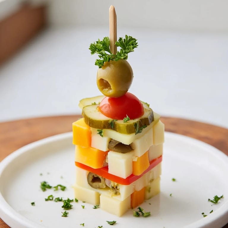 Enjoy this Festive Cube Cheese Stack with creamy textures and bright pops of flavor for your party.