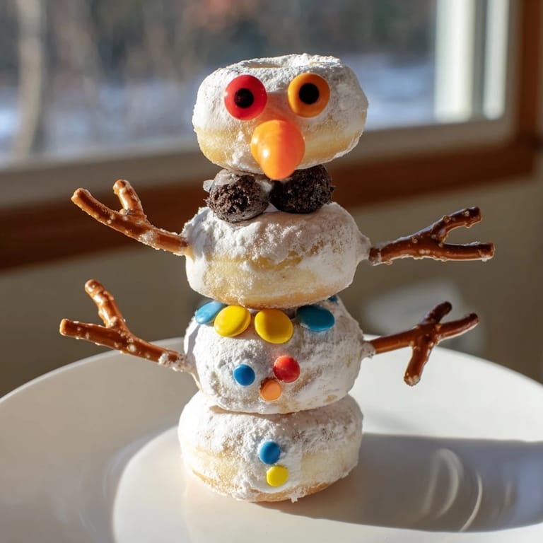 A close-up of finished mini donut snowman stacks, ready for a winter dessert party.