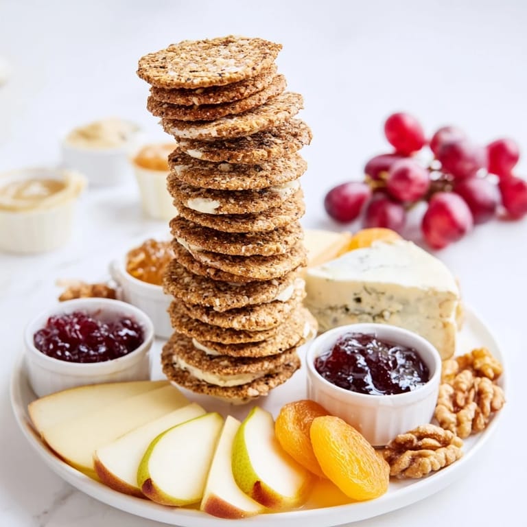 A visual feast: assorted Gourmet Crackers, fruit, and delectable preserves ready to enjoy.