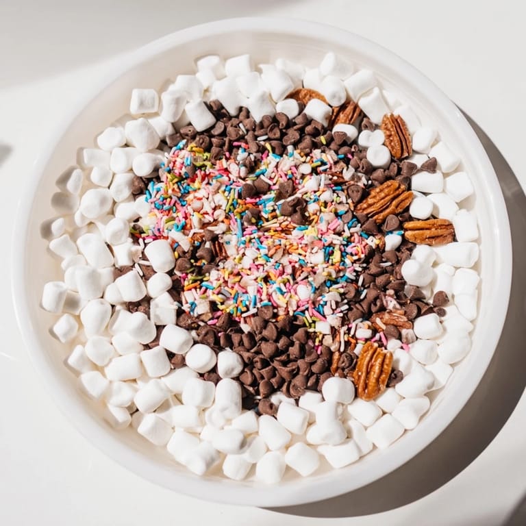 Gooey, delicious chocolate chips and mini marshmallows heap, a quick American dessert treat.