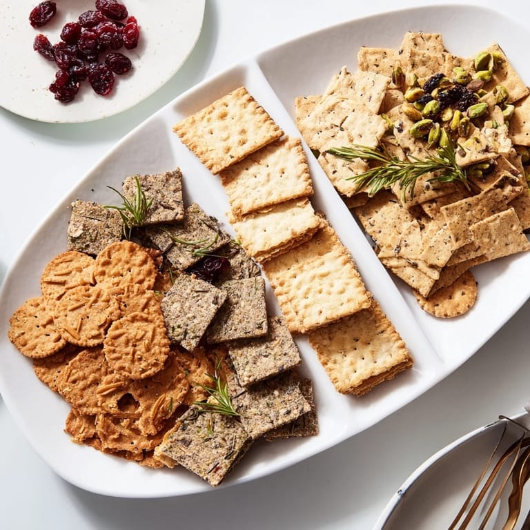 A close-up of the holiday crackers, ready to be paired with cheeses and spreads for a holiday party.