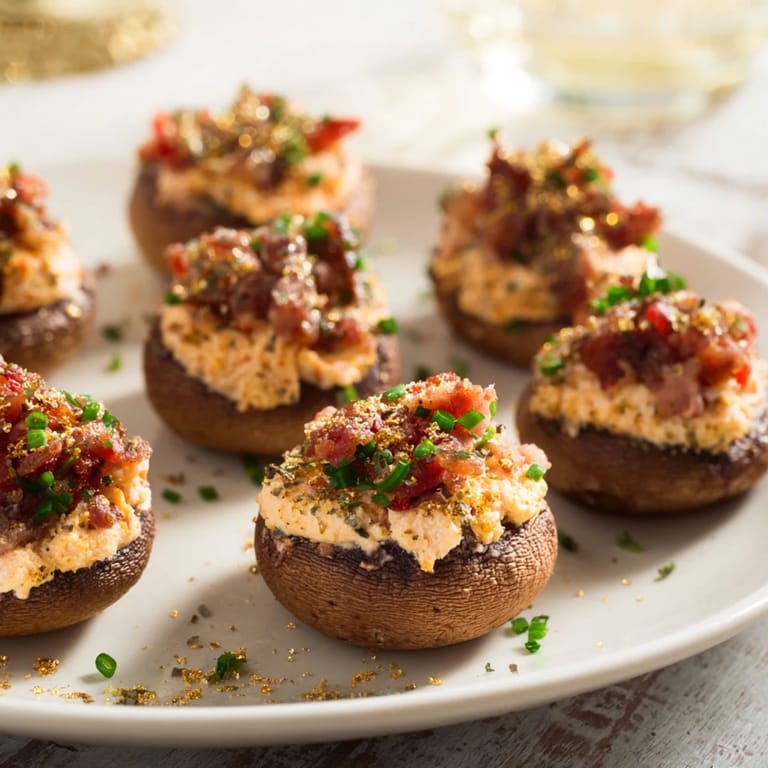 Savory Stuffed Mushroom Caps, baked until tender with bubbling cheese for a flavorful snack.