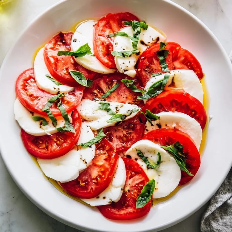 Bright red Sliced Tomatoes and Mozzarella Rounds, beautifully layered and drizzled with olive oil, ready to eat.