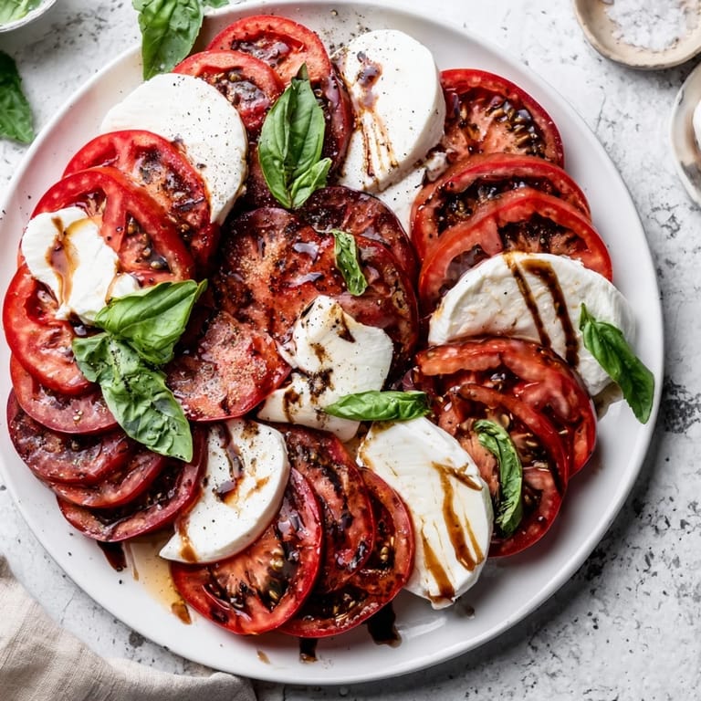 Close-up of vibrant Sliced Tomatoes and Mozzarella Rounds, a colorful, simple Italian salad, ideal for summer.