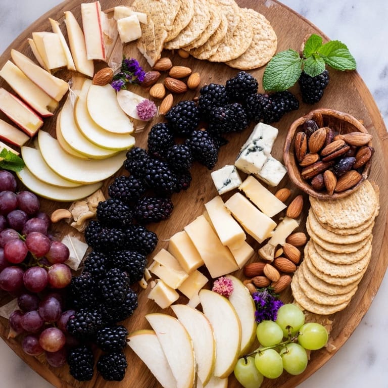 Appetizing Yin-Yang Balance board displays creamy goat cheese and aged blue cheeses alongside fresh fruit.