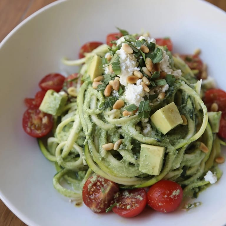 Vibrant bowl of Green Goddess Zoodle Pasta, garnished with toasted pine nuts, ready to enjoy.
