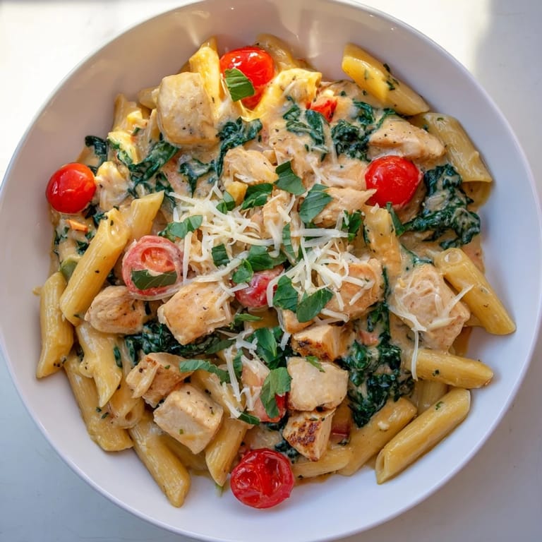Creamy, cheesy Last Bite Chicken Pasta, garnished with fresh basil and lemon zest, looks delicious.