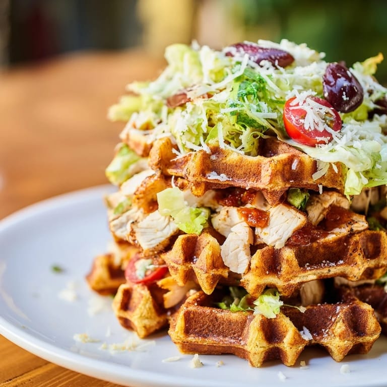 Golden-brown stuffing waffles sandwich tender chicken and crisp romaine in this exciting Chicken Caesar Waffle Sandwich.