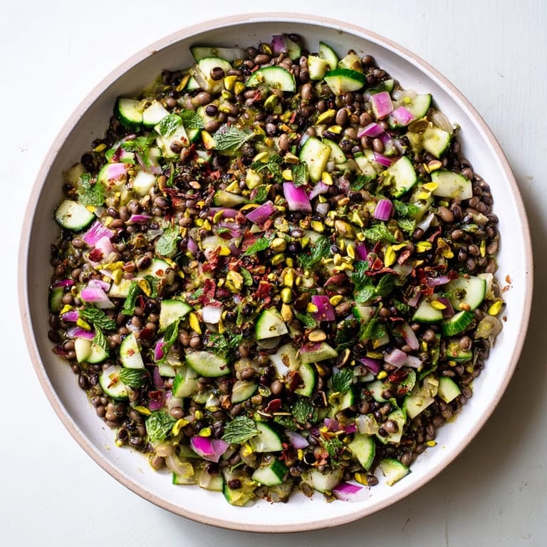 Hearty Dense Bean Salad with Dubai Chocolate Notes features colorful vegetables and a sweet, savory dressing.