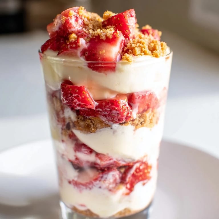 A refreshing close-up of a Strawberry Cheesecake Parfait, bursting with fresh berry flavor and crunchy crumble.