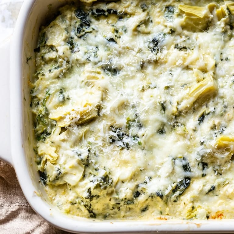 A close-up of creamy, golden Cheesy Spinach Artichoke Dip, bubbling from the oven, so inviting.