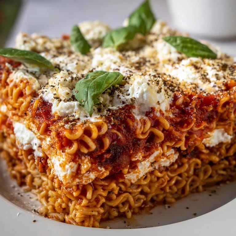 Golden, bubbling Ramen Lasagna; a comforting fusion dish with layers of cheese and saucy noodles.
