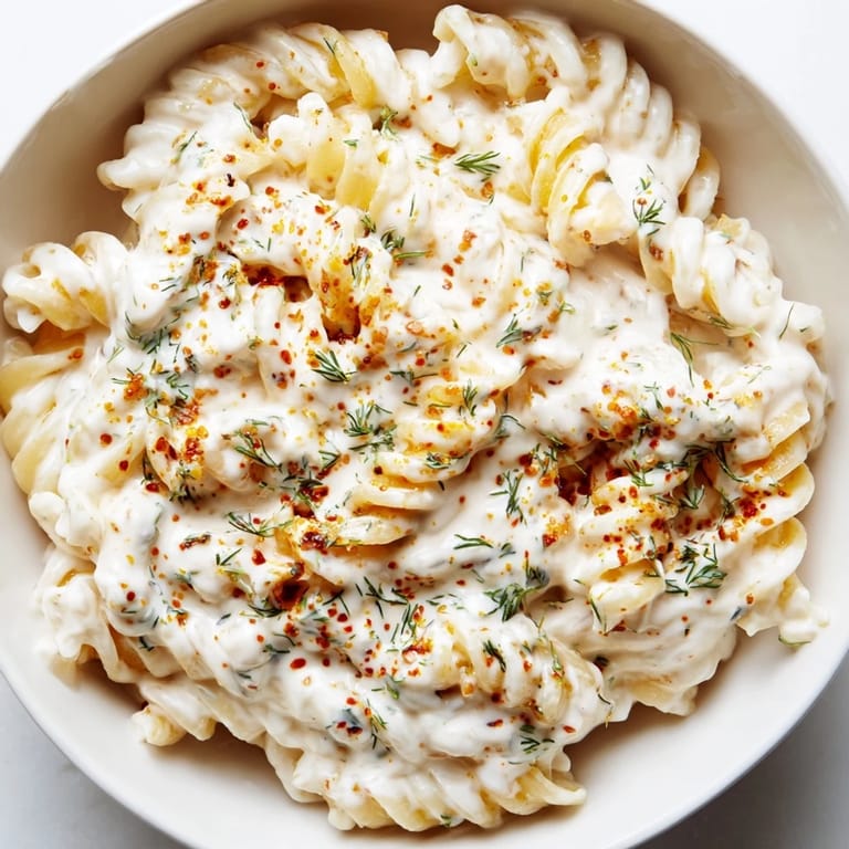A beautiful photo shows a bowl of Turkish Yogurt Pasta, with the creamy yogurt sauce and parsley.