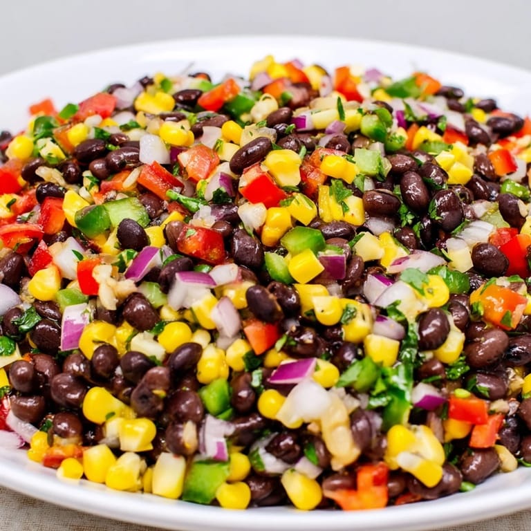 Freshly made Cowboy Caviar Salad with chopped peppers and zesty lime dressing, perfect for dipping.