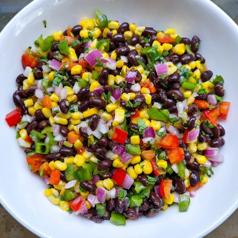 Close-up of vibrant Cowboy Caviar Salad, displaying the textures of beans and crisp vegetables.