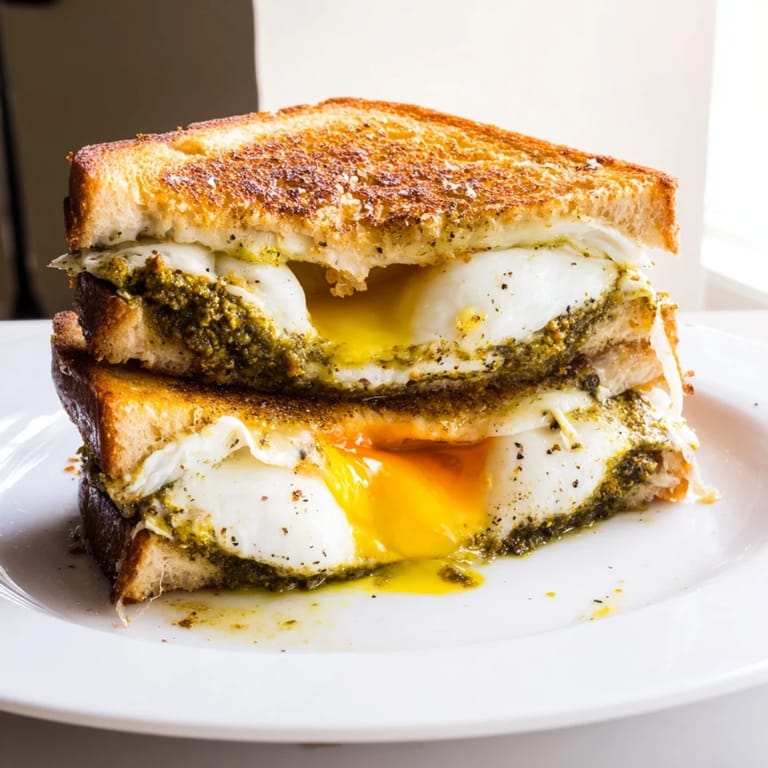 Buttery, toasted slices hold melty cheese and a fried pesto egg in this Pesto Egg Grilled Cheese.