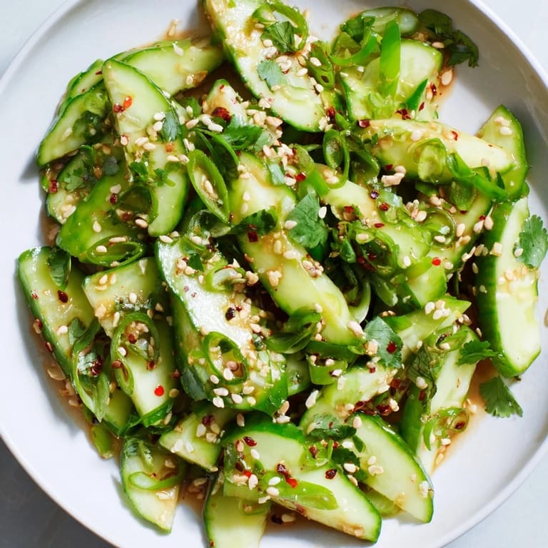 This vibrant Zesty Shake Cucumber Salad showcases fresh green cucumbers with sesame seeds and herbs, ready to serve.