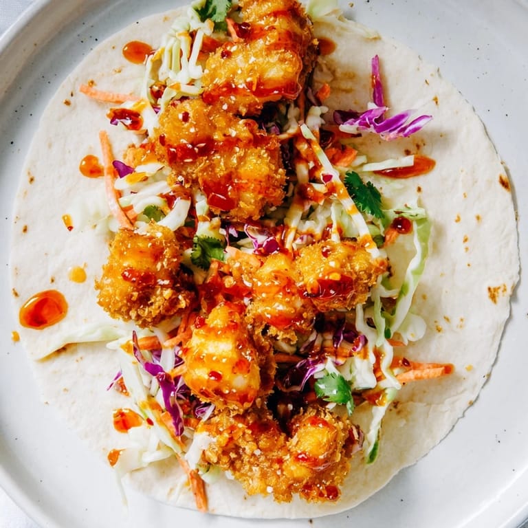 Image of vibrant Hot Honey Chicken Tacos with slaw and cilantro, a flavorful fusion delight.