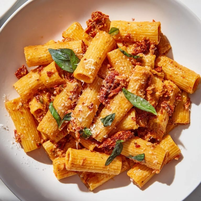 Enjoy a steaming bowl of Creamy Sun-Dried Tomato Pasta with Parmesan, garlic, and fresh basil atop.