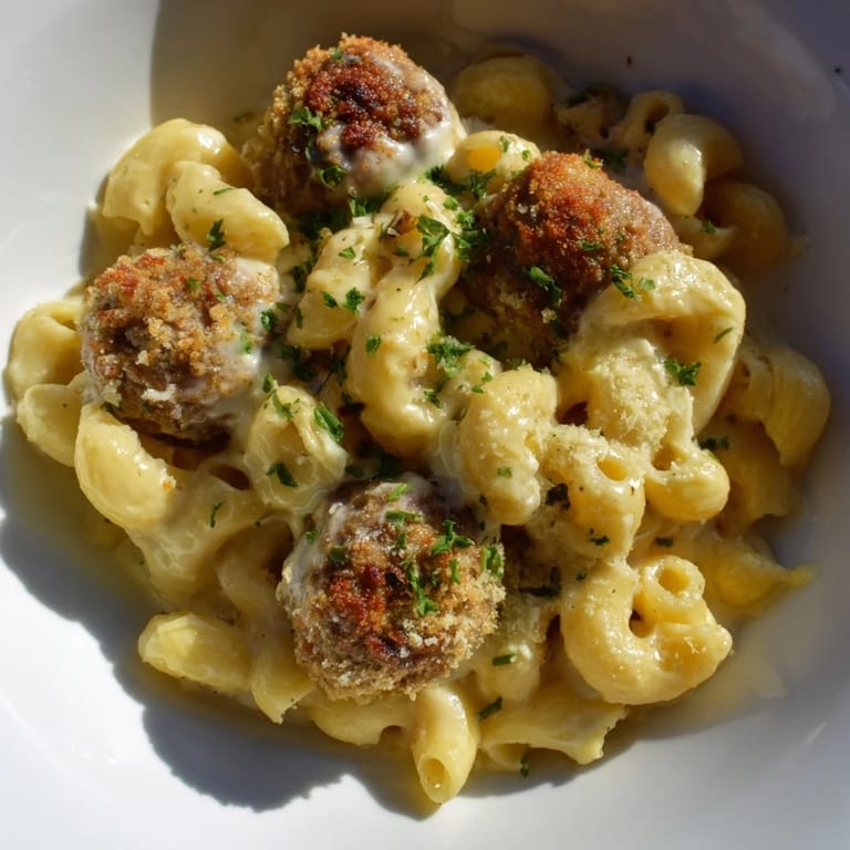 Warm, creamy Mac & Cheese Meatball Bake with a crispy, golden topping, ideal for a satisfying, cheesy meal.