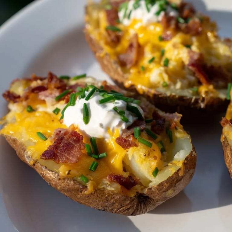 Hot and crispy loaded baked potato skins, filled generously, perfect for sharing as an appetizer.