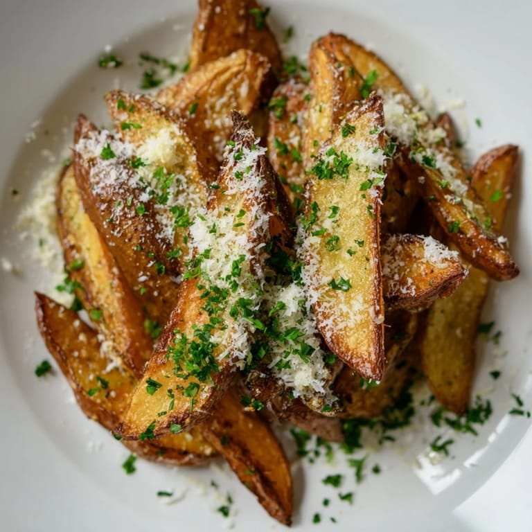 Oven-baked Rosemary Parmesan Potato Wedges featuring crispy edges and fragrant herb seasonings.