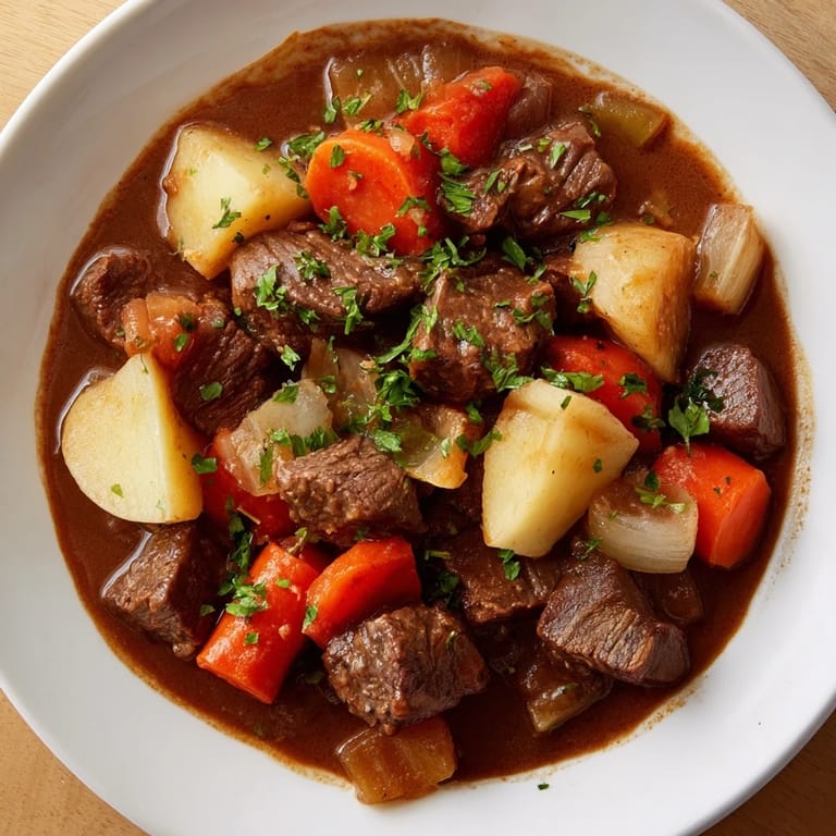 Imagine the rich aromas - a warm serving of Irish beef stew, perfect for dinner on a chilly evening.