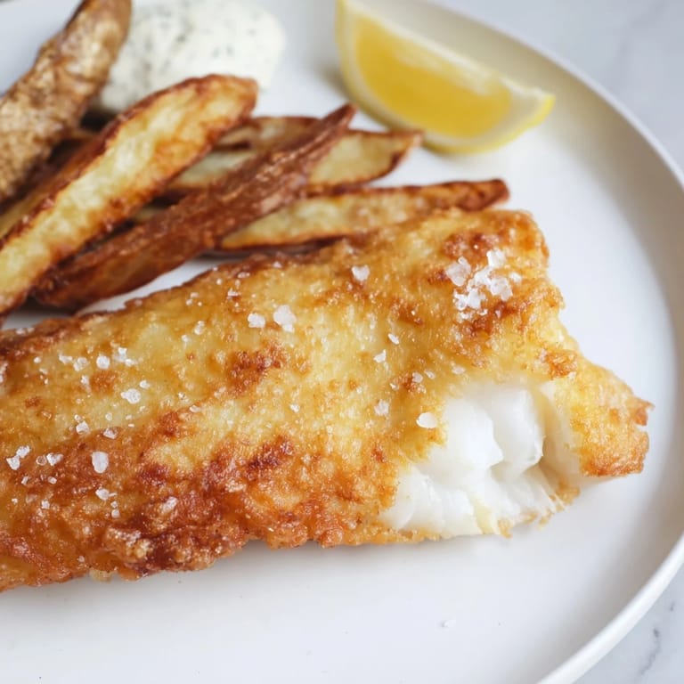 A steaming plate of British fish and chips, the fish flaky, with crunchy golden batter atop chips.