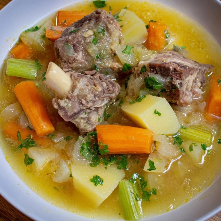 A steaming bowl of Welsh Cawl stew, showing tender lamb and root vegetables; serve with crusty bread.