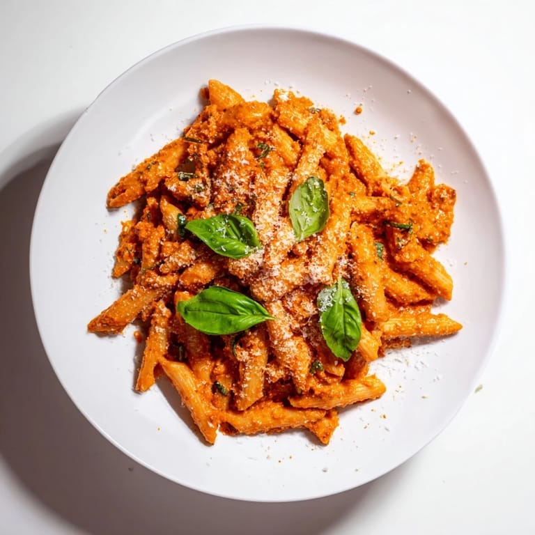 A vibrant serving of Sun-Dried Tomato Pesto Pasta in a white bowl. The glossy, deep red pesto clings to every piece of fusilli pasta. Garnished with fresh basil leaves and a lemon wedge for brightness. Ready to be enjoyed as a Mediterranean-inspired main dish.