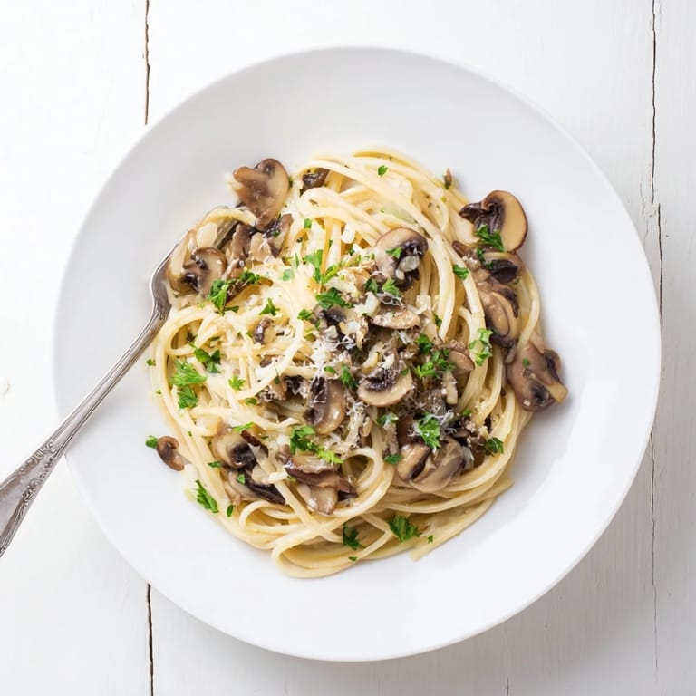 A bowl of creamy mushroom linguine topped with shaved Parmesan and fresh parsley, ready to serve.