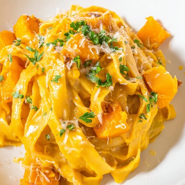 Golden roasted squash creates a creamy pasta sauce, tossed with fettuccine and sage, ready to serve with Parmesan garnish.