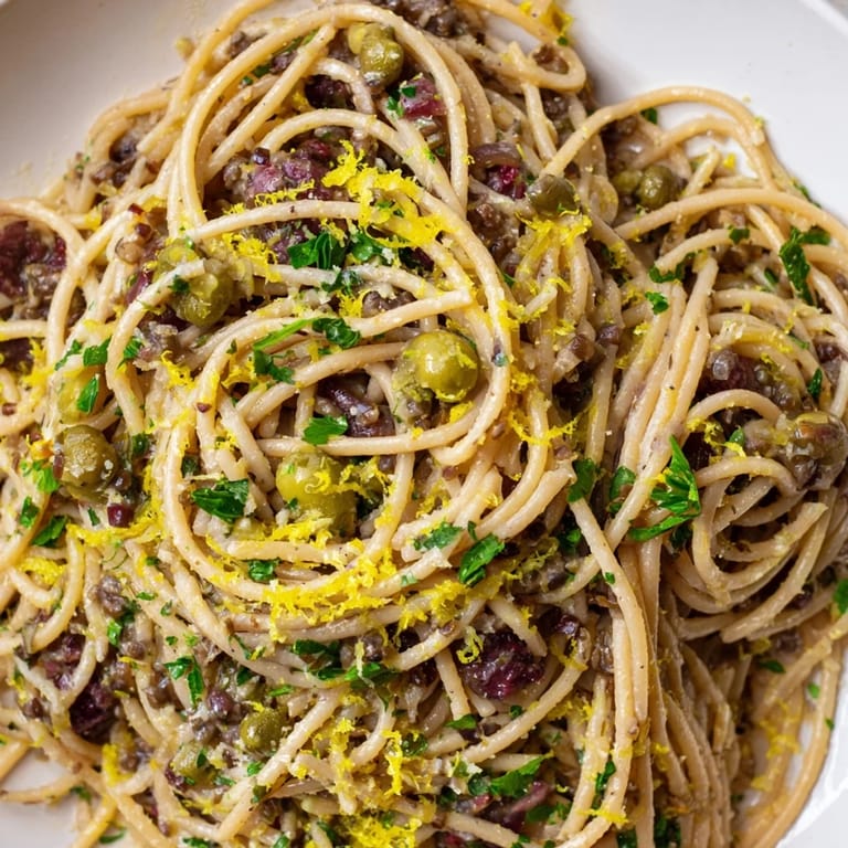 Olive Tapenade Pasta served warm in a white bowl, featuring a glossy sauce of olives, capers, and garlic, ready to be enjoyed.  