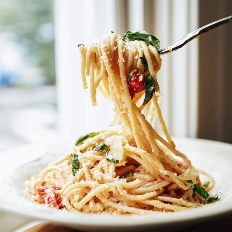 Creamy roasted garlic pasta sauce tossed with linguine, topped with grated Parmesan and a pinch of red pepper flakes.