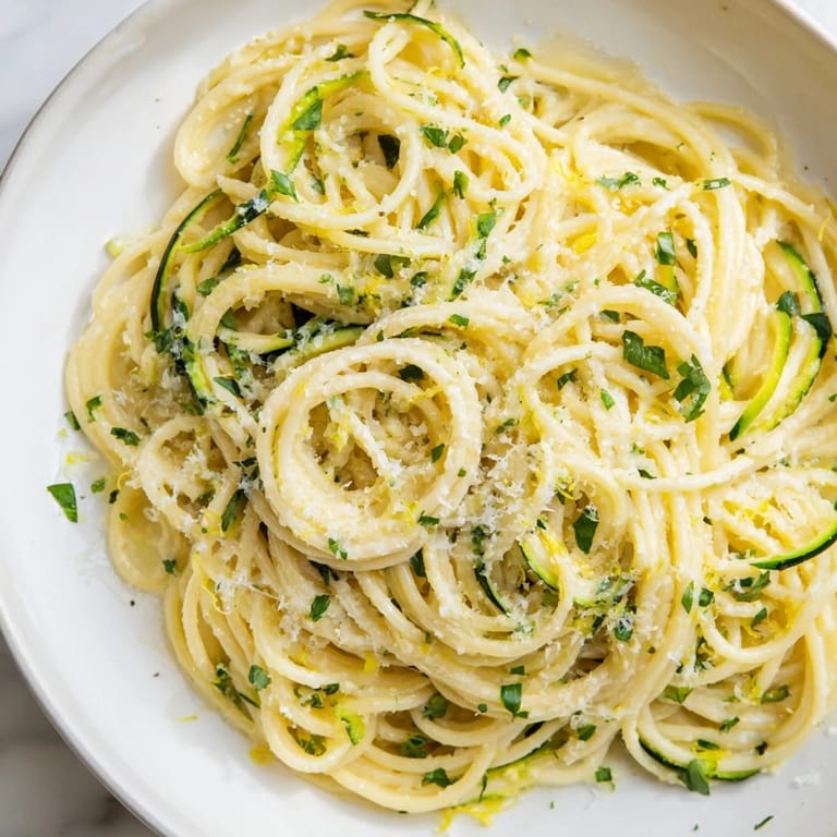 Vibrant green zucchini spirals mingle with golden pasta, fresh parsley, and lemon zest in this light, Italian-inspired vegetarian main dish.