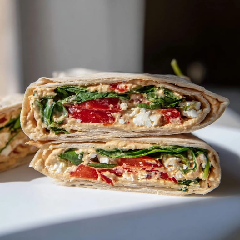 Sliced Mediterranean Veggie Wrap on a wooden board, ready for a quick dinner with hummus, peppers, spinach, and feta.