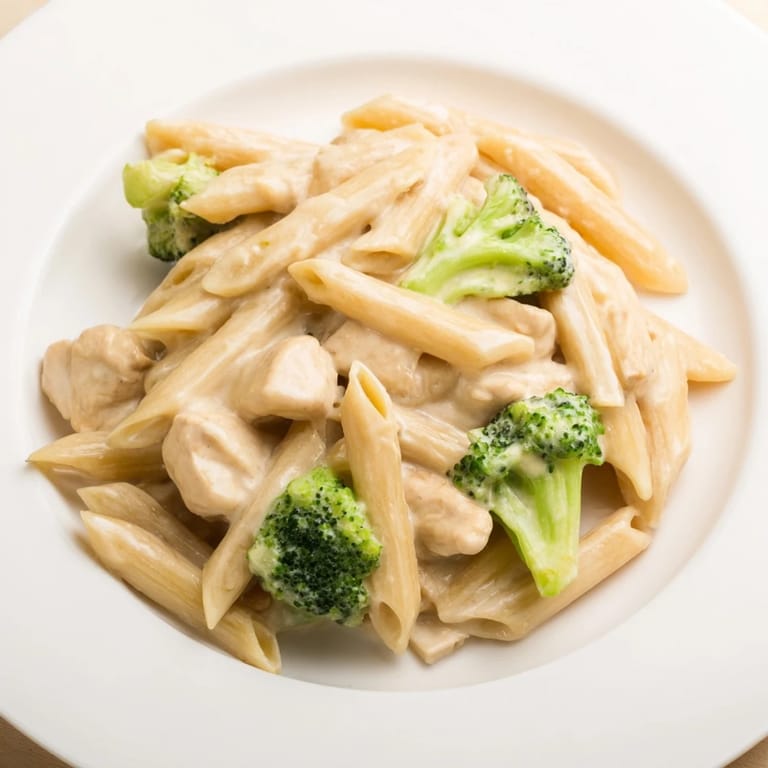 Golden, freshly-cooked Chicken Broccoli Cheddar Pasta served warm, topped with extra shredded cheddar and fresh parsley garnish.