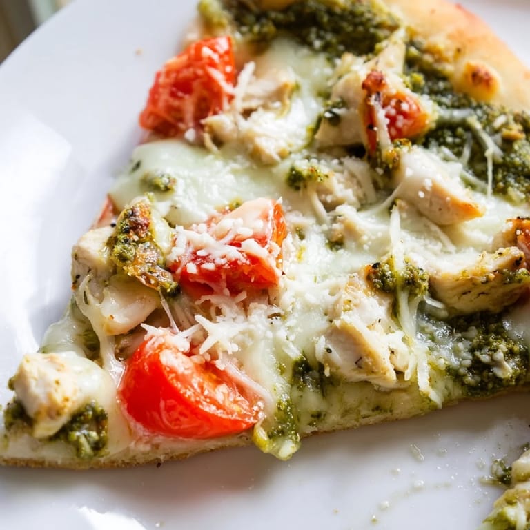 Sliced into wedges, this Chicken Pesto Pizza pairs beautifully with a fresh arugula salad.