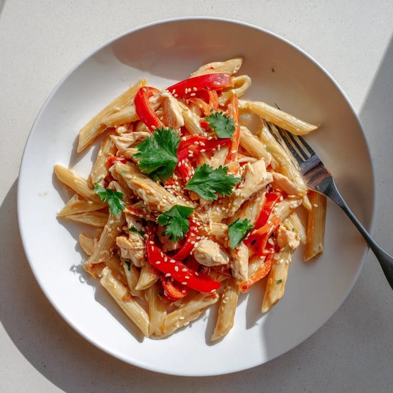 Sizzling chicken and al dente pasta coated in creamy sweet chili sauce, garnished with sesame seeds and cilantro.