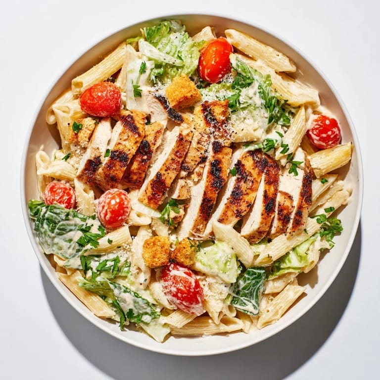 An overhead view of Spicy Chicken Caesar Pasta, mixing penne, spicy grilled chicken, and fresh veggies on a rustic wooden table.
