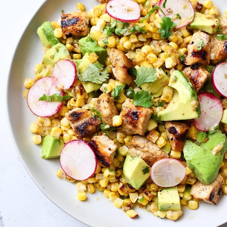Roasted Corn & Chicken Chopped Salad in a rustic bowl, featuring juicy grilled chicken, crisp radishes, and a zesty lime dressing.
