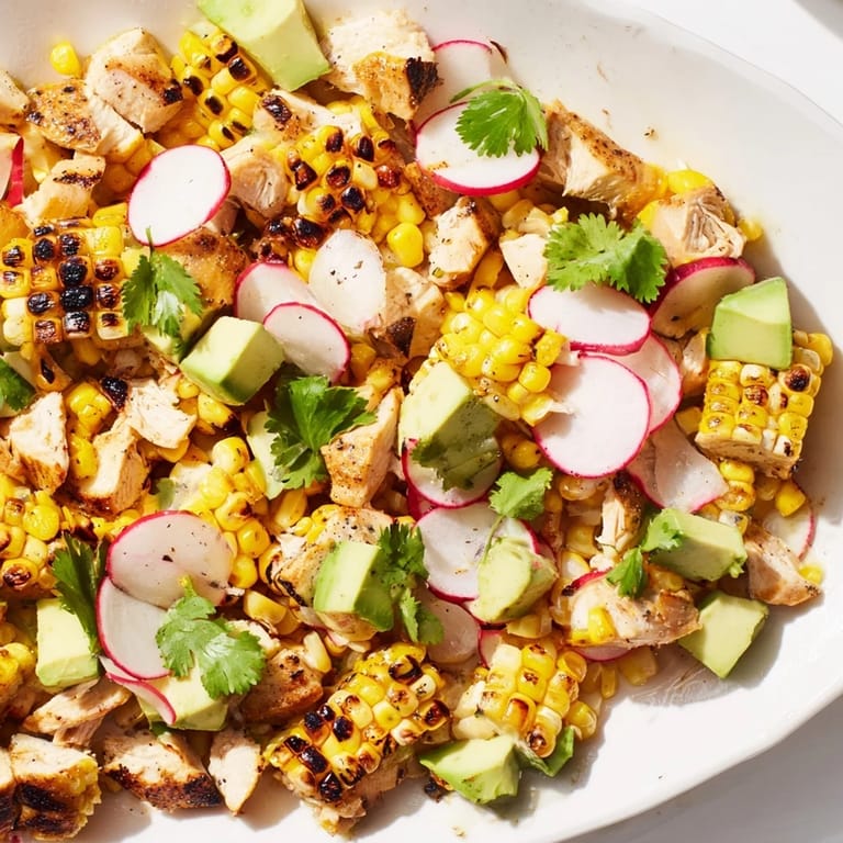Freshly prepared Roasted Corn & Chicken Chopped Salad with smoky corn, cherry tomatoes, and avocado slices, tossed with a vibrant lime vinaigrette.