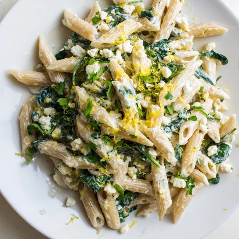 Savory Creamy Feta Spinach Pasta served in a white bowl, garnished with fresh basil and lemon zest for a bright finish.